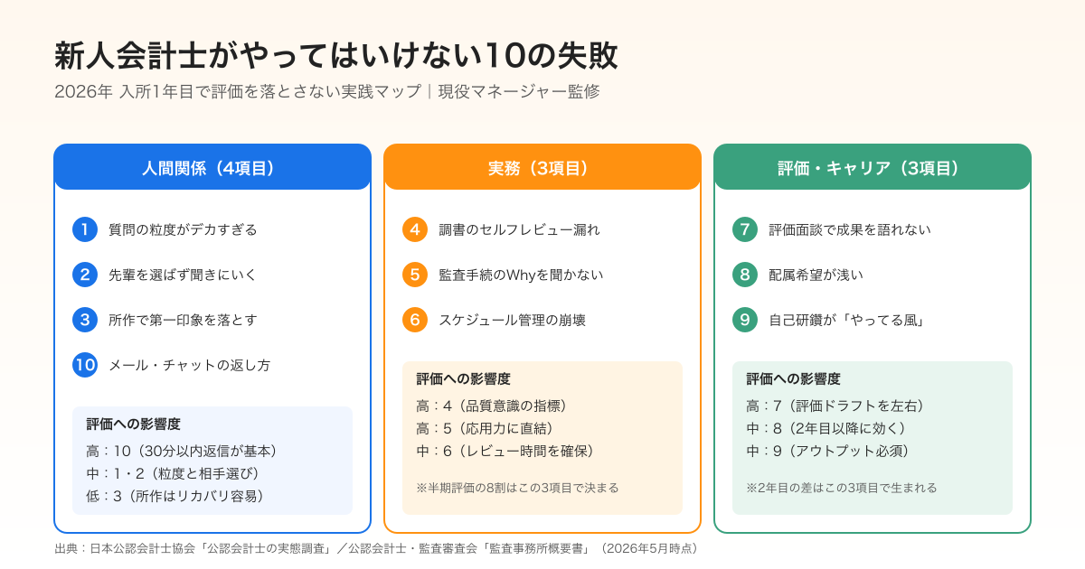 新人会計士がやってはいけない10の失敗を整理したマップ