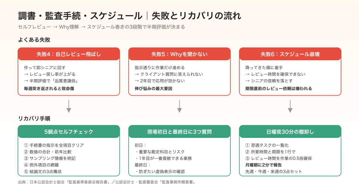 新人会計士の調書・監査手続の失敗とリカバリの流れ